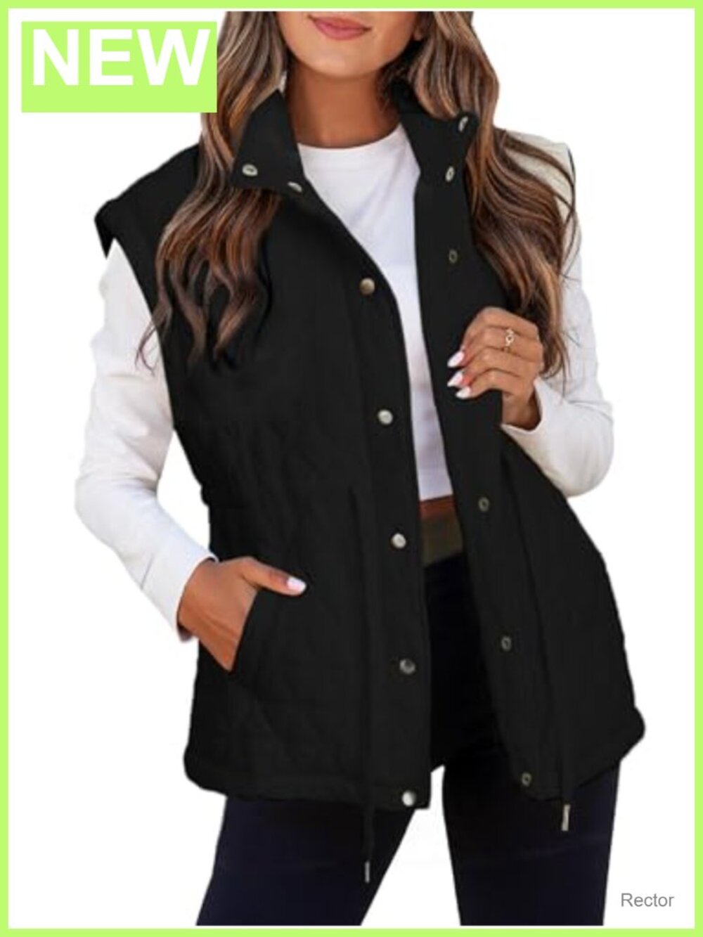 Lightweight Quilted Puffer Vest Sleeveless Snap Button Drawstring Waist